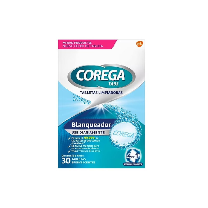Corega Tabs Tabletas Limpiadoras Blanqueador 30 Unidades